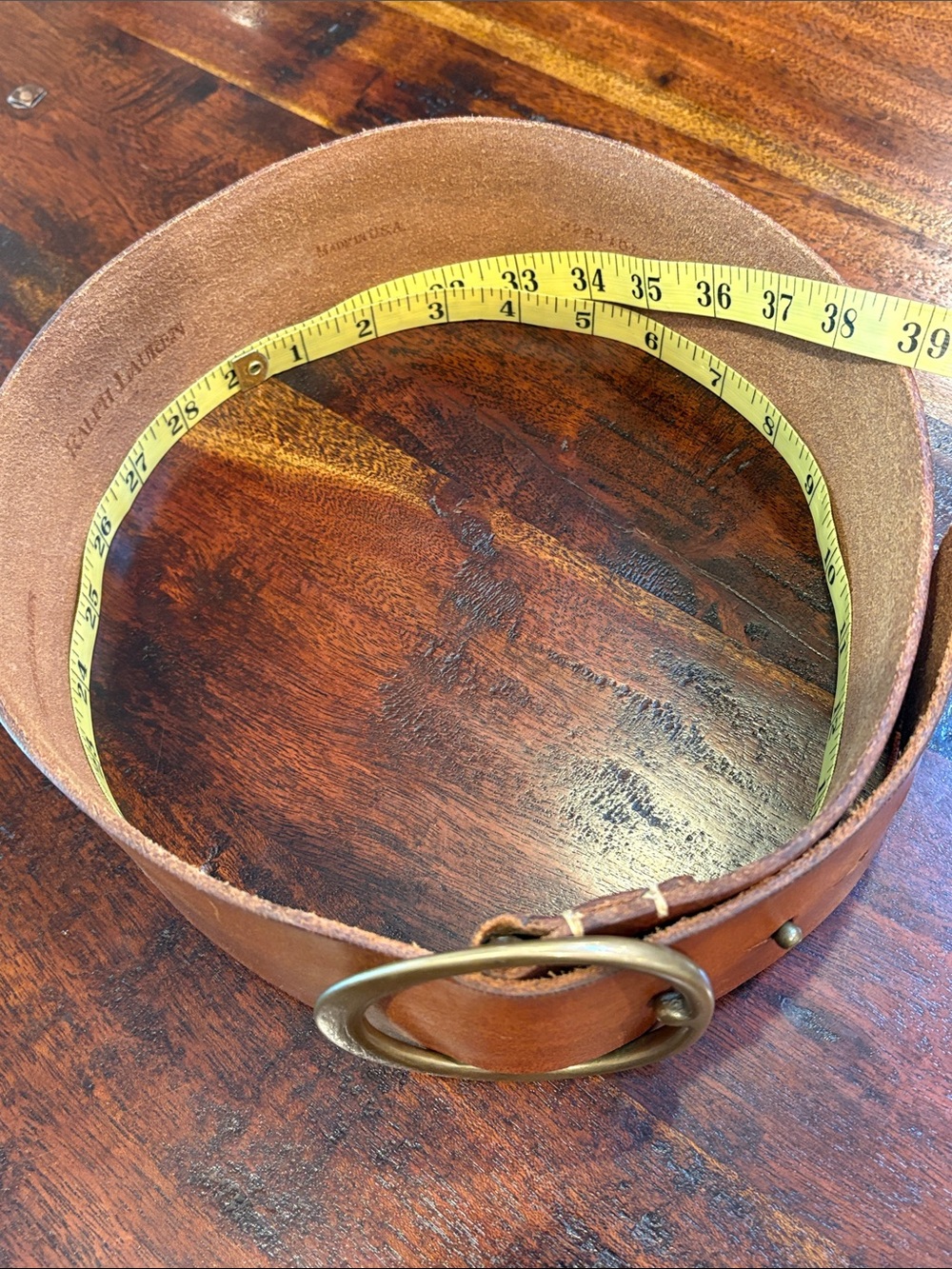 Vintage Ralph Lauren 80s Wide Brown Leather Belt with Round Brass Buckle Small - Picture 14 of 14